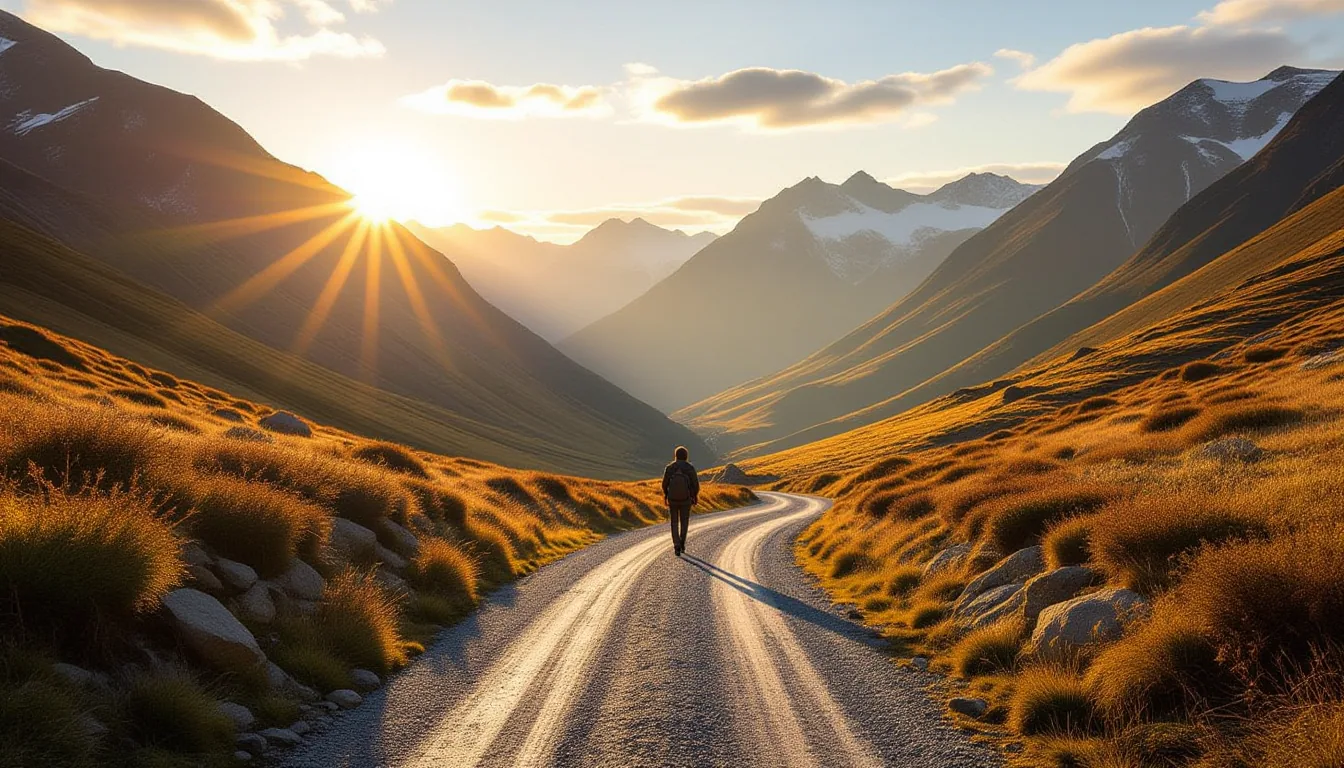 A steep valley floor, partially shadowed and partially bathed in low golden hour sun, with a tiny fi