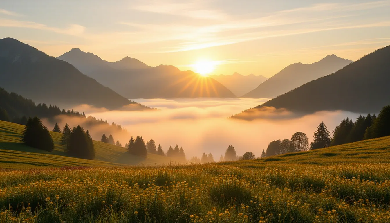 A mist-laden valley floor glows amber under a setting sun, with distant mountain ridges dissolving i