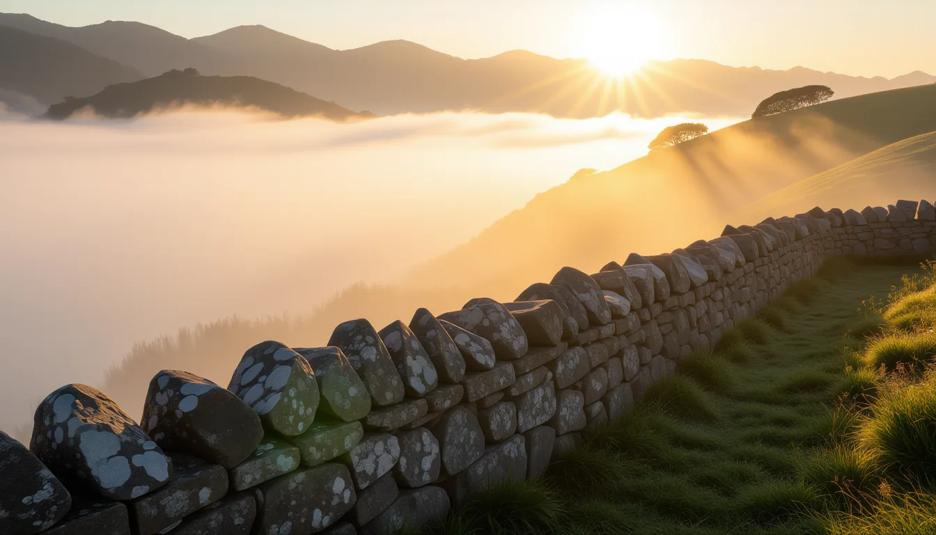 A pale morning sun slices through coastal fog, illuminating dust motes dancing above a weathered sto