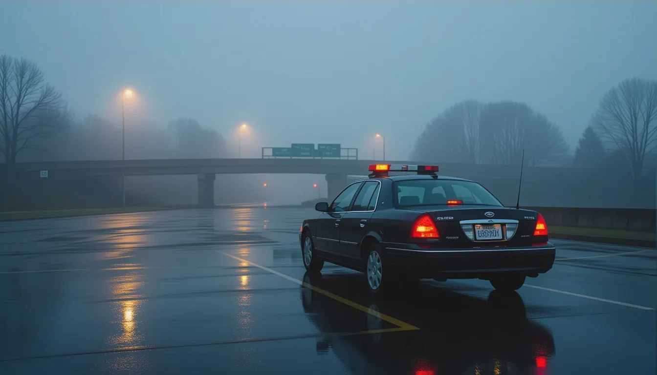 A rain-streaked insurance adjuster's car sits in a fog-choked parking lot at dawn, windshield wipers