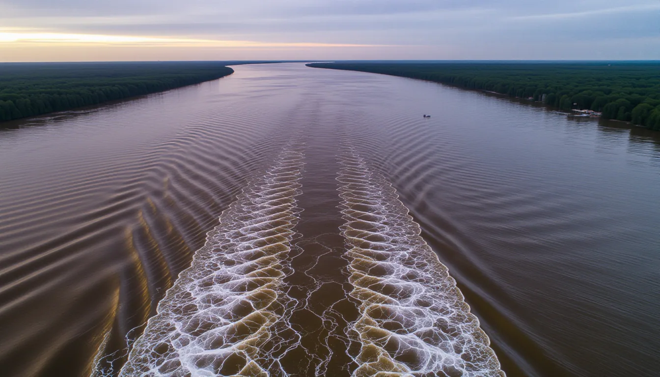 Aerial view of the Mississippi at dusk, its muddy brown current splitting around an exposed sandbar