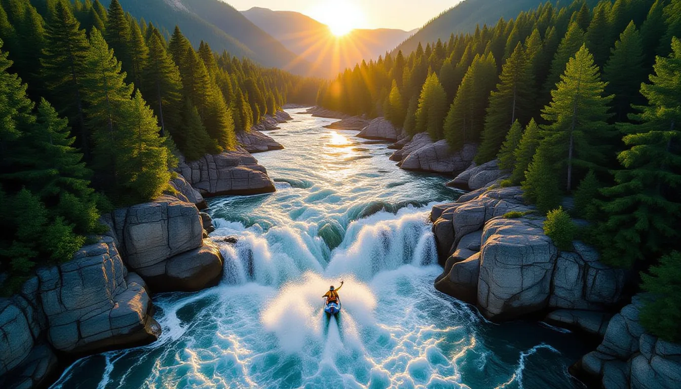 Aerial drone shot at golden hour: churning whitewater rapids carving through granite canyon walls, w