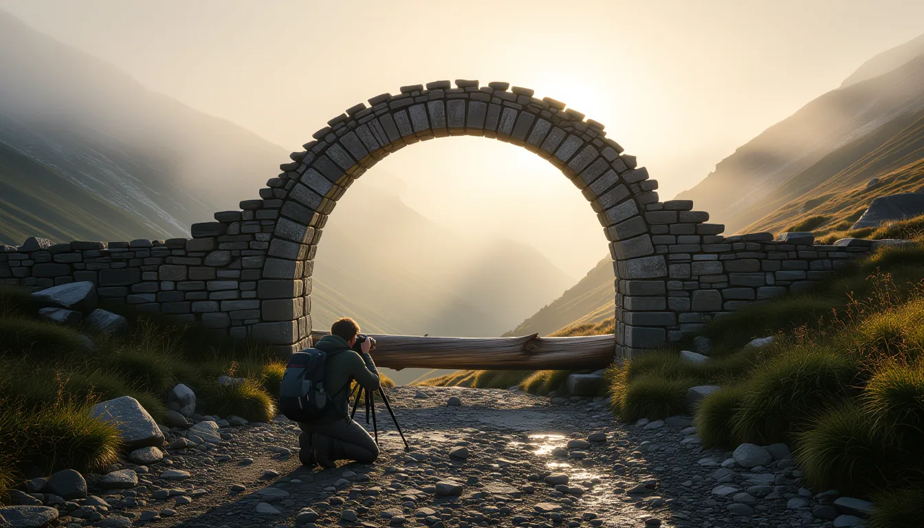 Golden-hour light cuts through a stone archway on a misted mountain pass; a lone photographer kneels