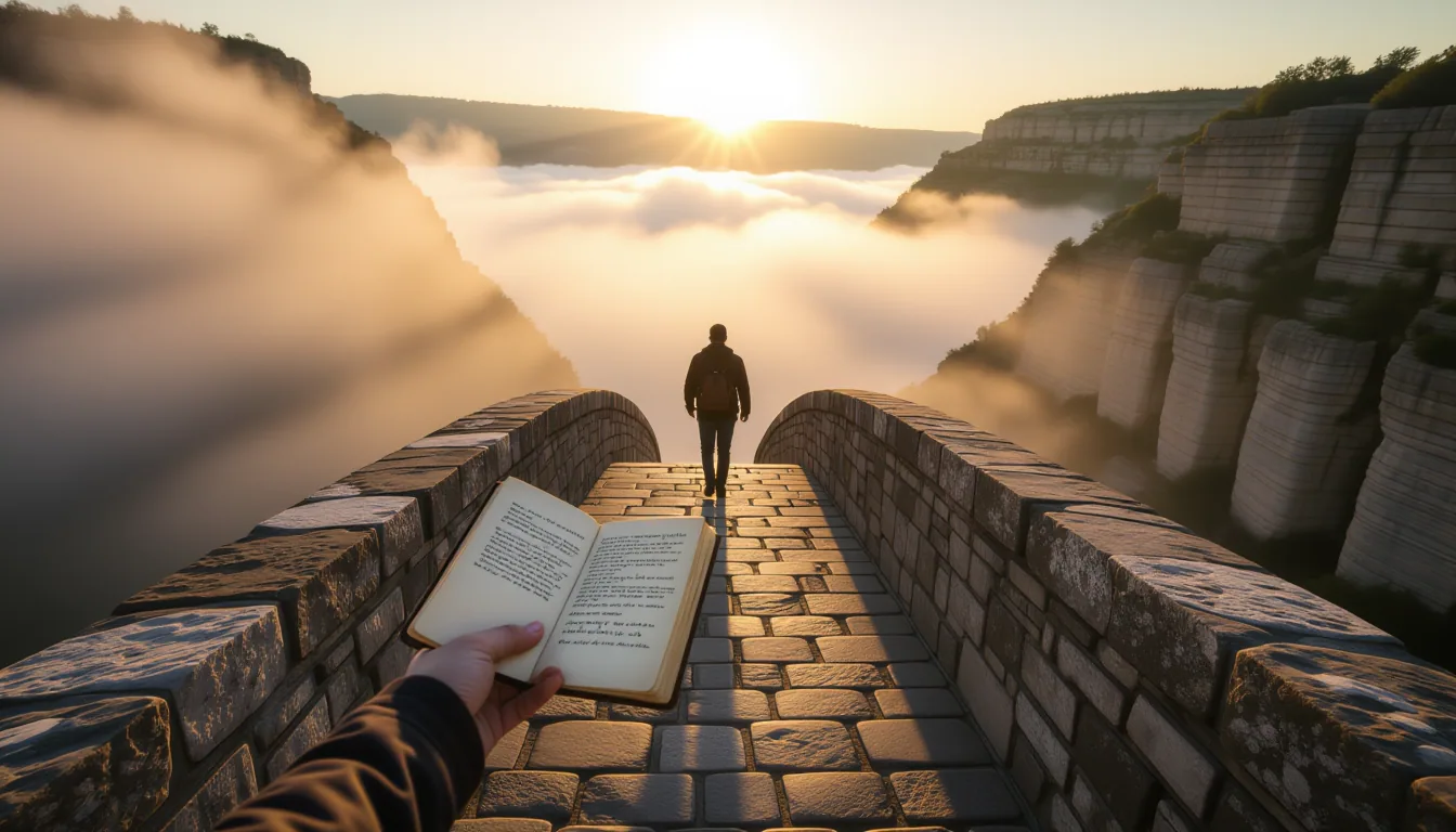 A lone figure walks a narrow stone bridge over a mist-choked canyon at golden hour, one hand resting