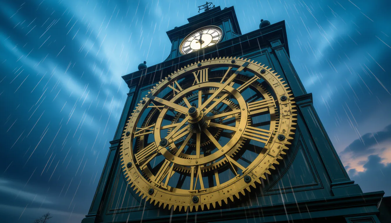 A low-angle shot captures a vintage industrial clock tower's exposed brass gears grinding against a