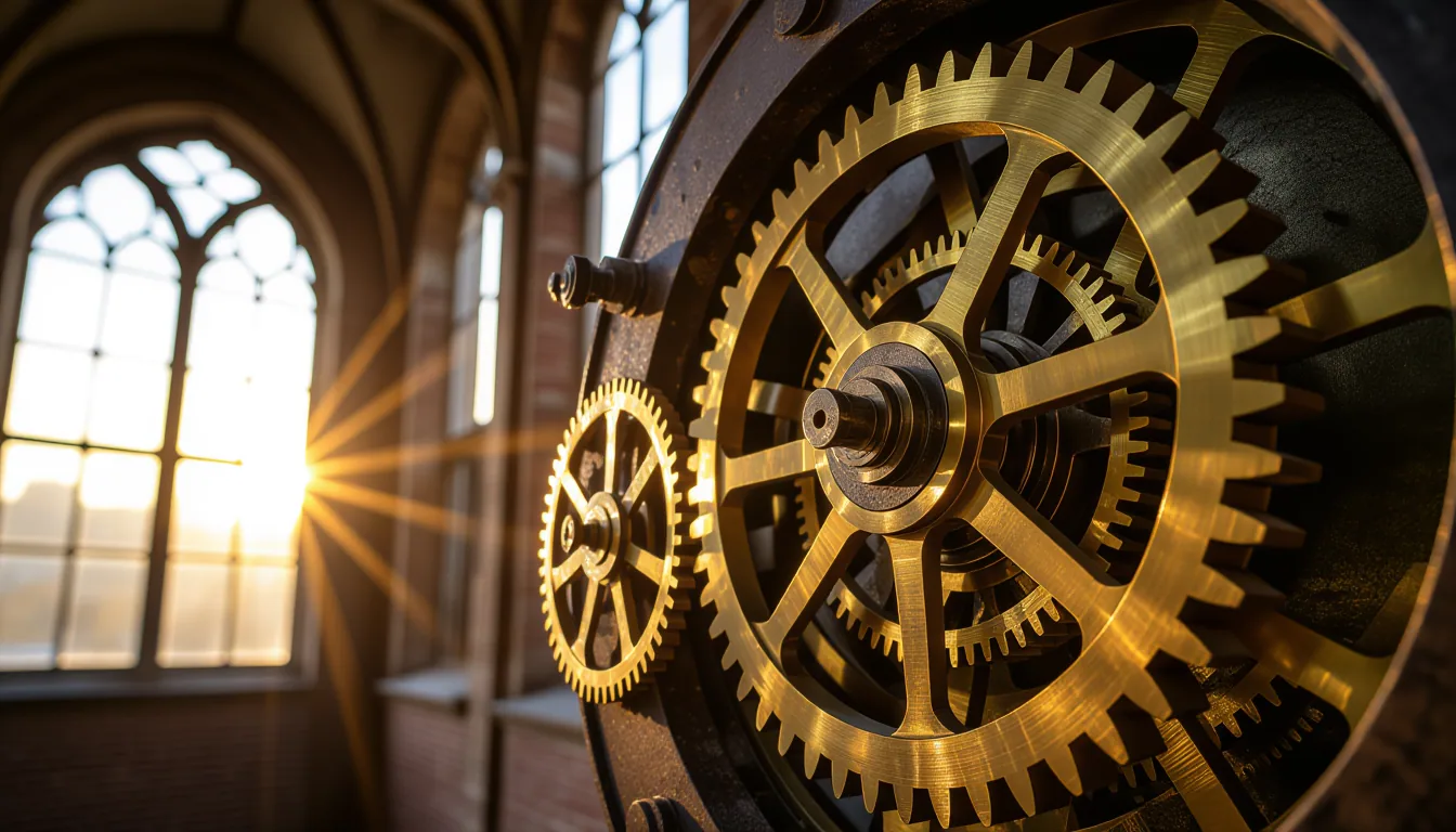 A close-up of interlocking brass gears in an abandoned clock tower, late afternoon sun streaming thr