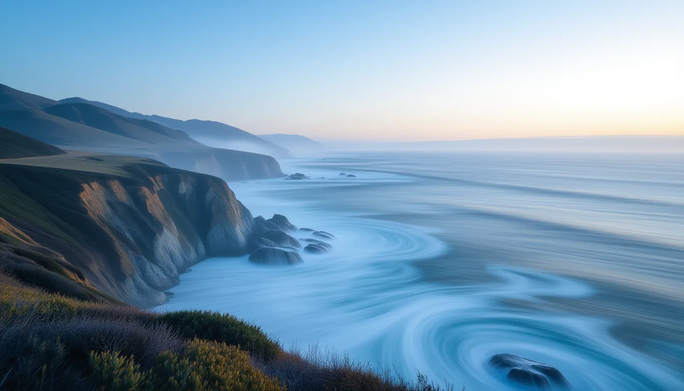 Long exposure over a fogged coastal bluff at golden hour, the camera panning to blur the crashing wa