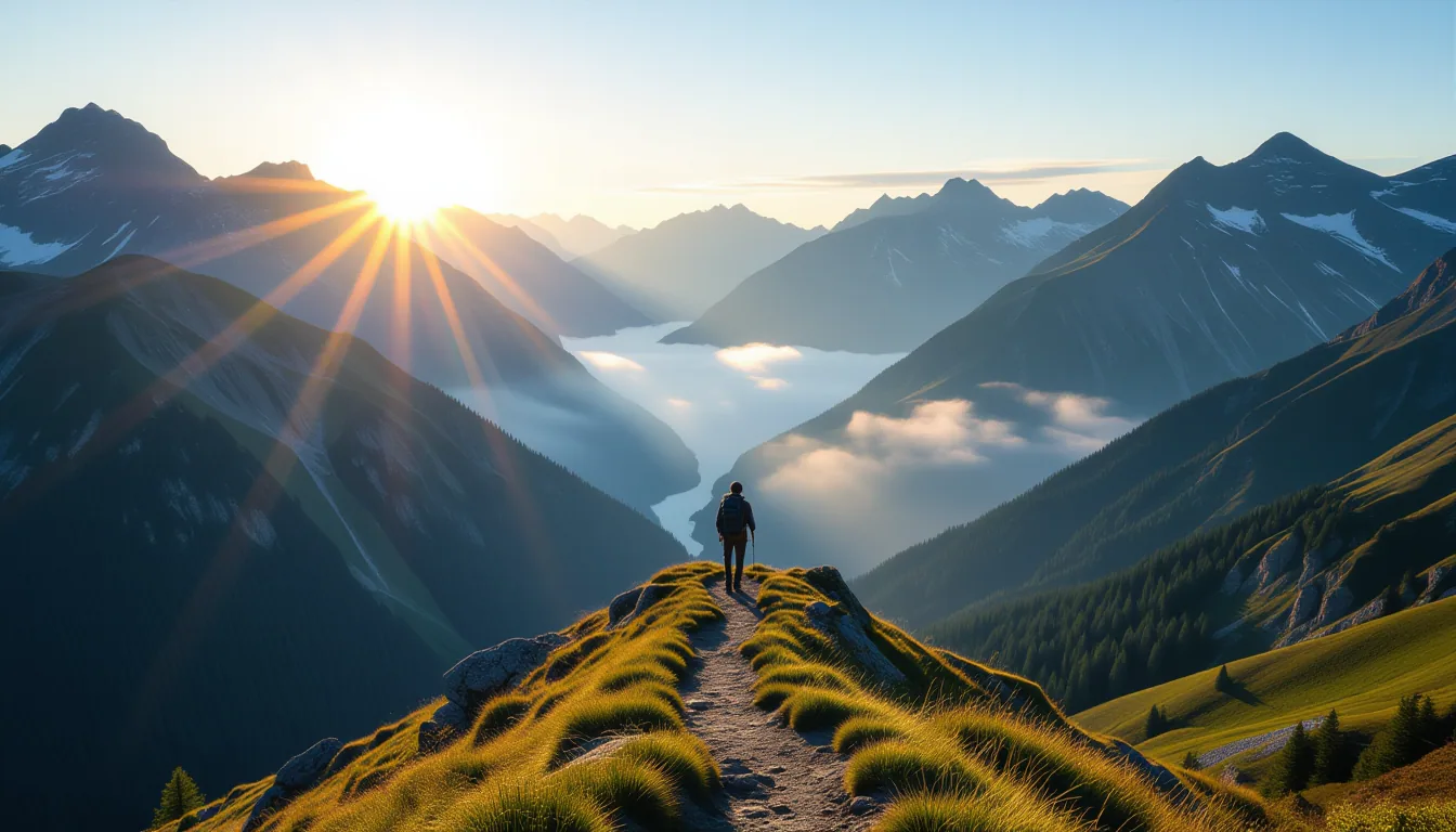 Golden hour light cascades down a misty mountain valley, illuminating a lone hiker silhouetted on a