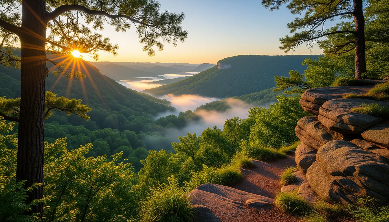 Golden-hour light spills across the blue ridge of Table Rock State Park, illuminating a mist-filled