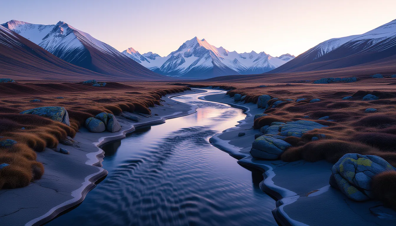 A vast granite valley floor at golden hour, where the last light catches a shallow river's surface