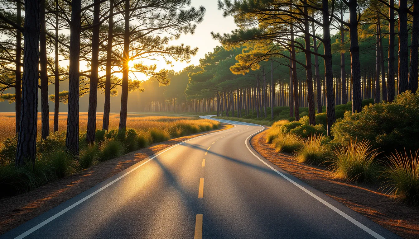 A narrow coastal road curves through dense maritime pine forest in late afternoon golden hour, sunbe
