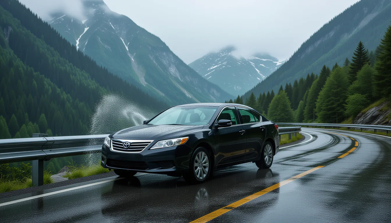 Wet asphalt glistening under a sudden downpour in a mountain valley, a crumpled sedan resting agains