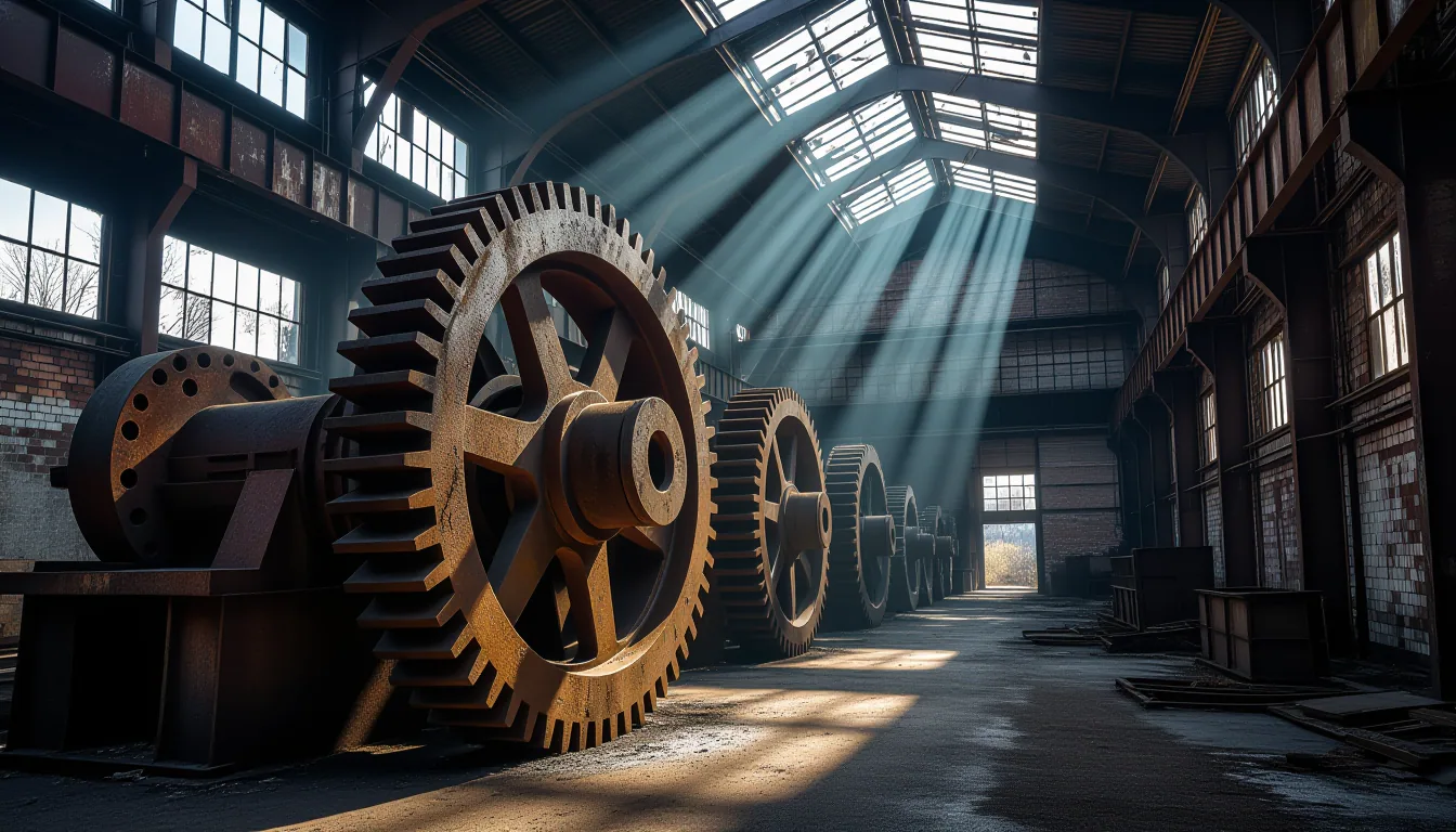 Long-exposure capture of rusted iron gears in a derelict foundry, their teeth meshed tight under a s