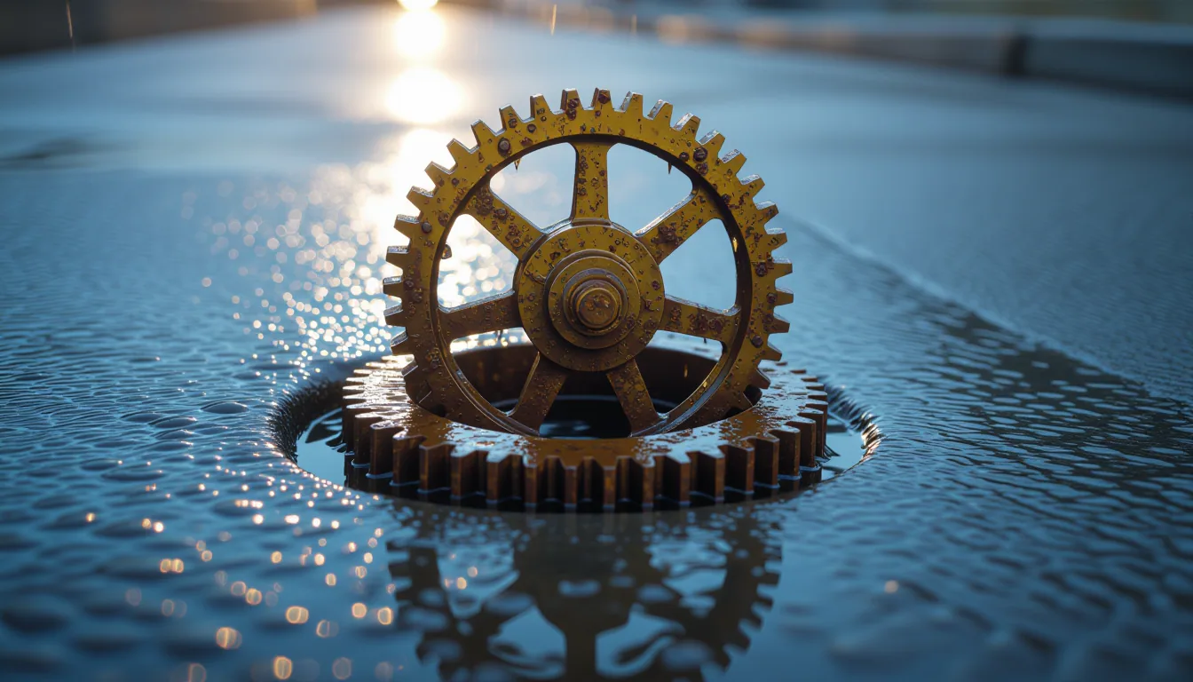 A rusted brass gear train half-submerged in a storm drain at dusk, water droplets clinging to each t