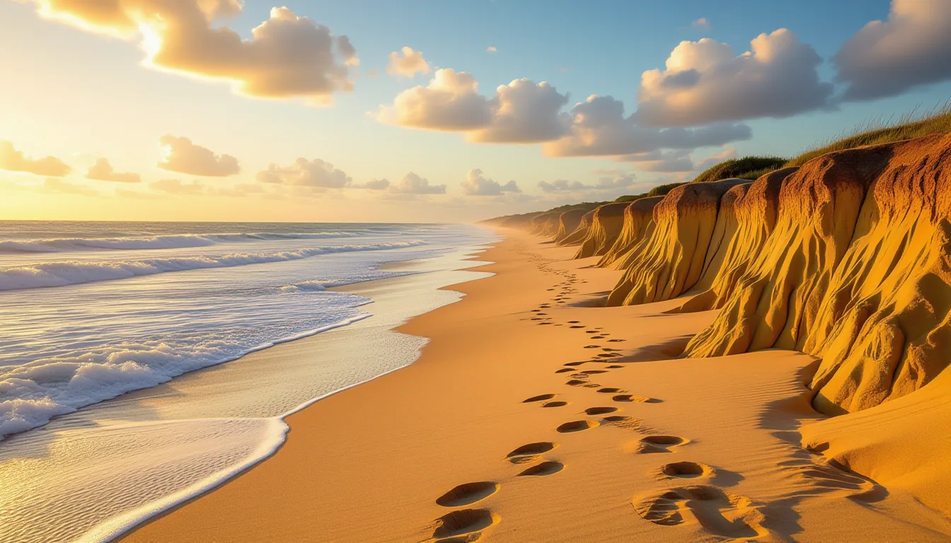 A coastal bluff in South Carolina bathed in warm golden hour light, overlooking the Atlantic with la