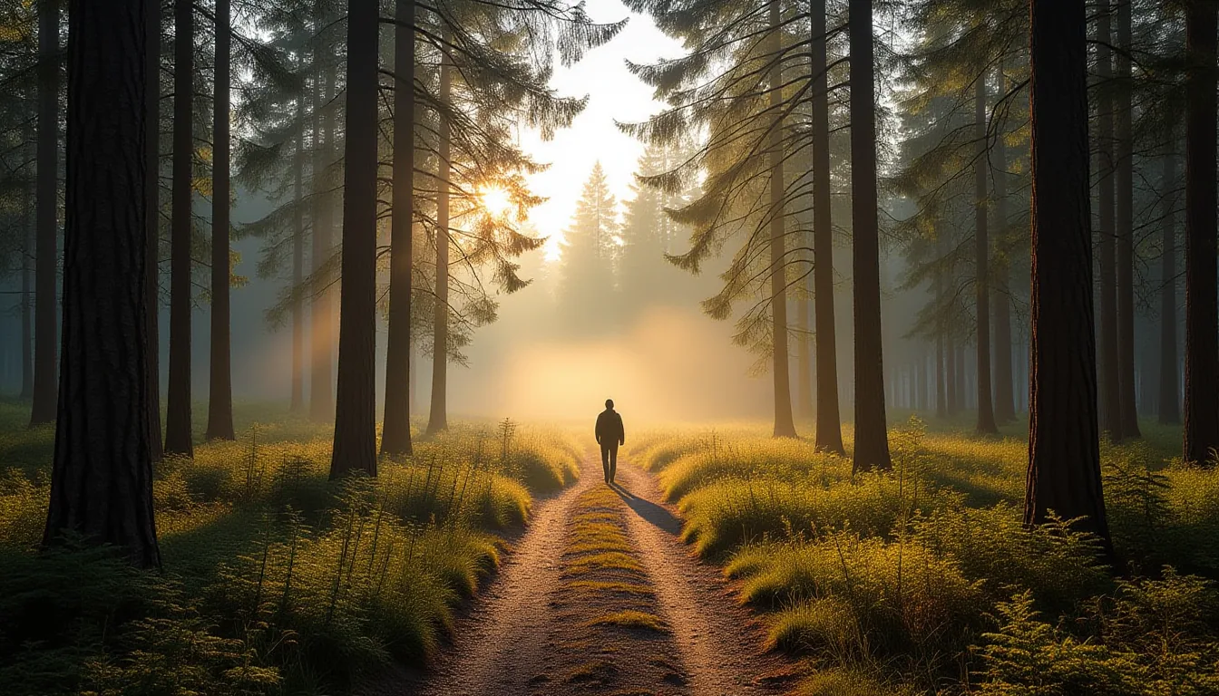 A misty valley floor in early morning light, where a lone figure walks along a narrow dirt trail bet