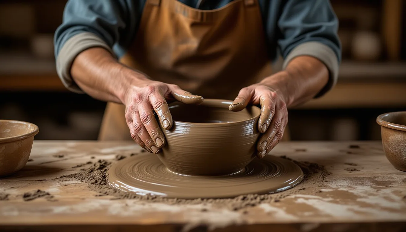 Overcast light falls on calloused hands kneading dark clay into a wide bowl on a wooden workbench, f