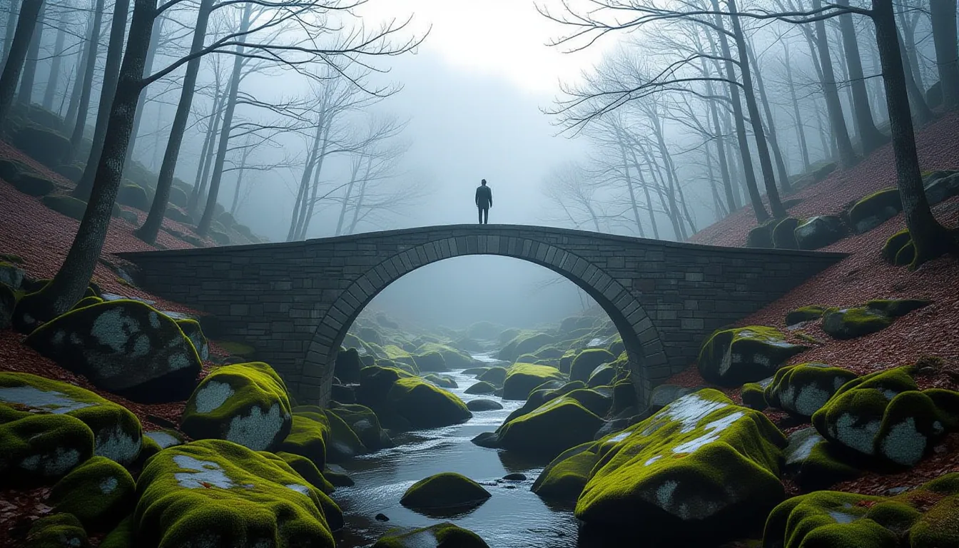 A lone figure stands on a narrow stone bridge over a fog-choked gorge in the Blue Ridge, late autumn
