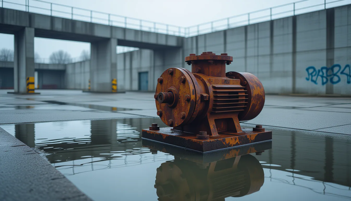 A rusted industrial pump sits abandoned in a flooded concrete forecourt, water pooling around its cr