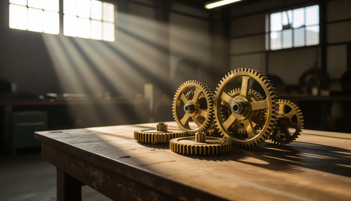 Dust motes swirl in shafts of afternoon light cutting through a dimly lit industrial workshop, illum
