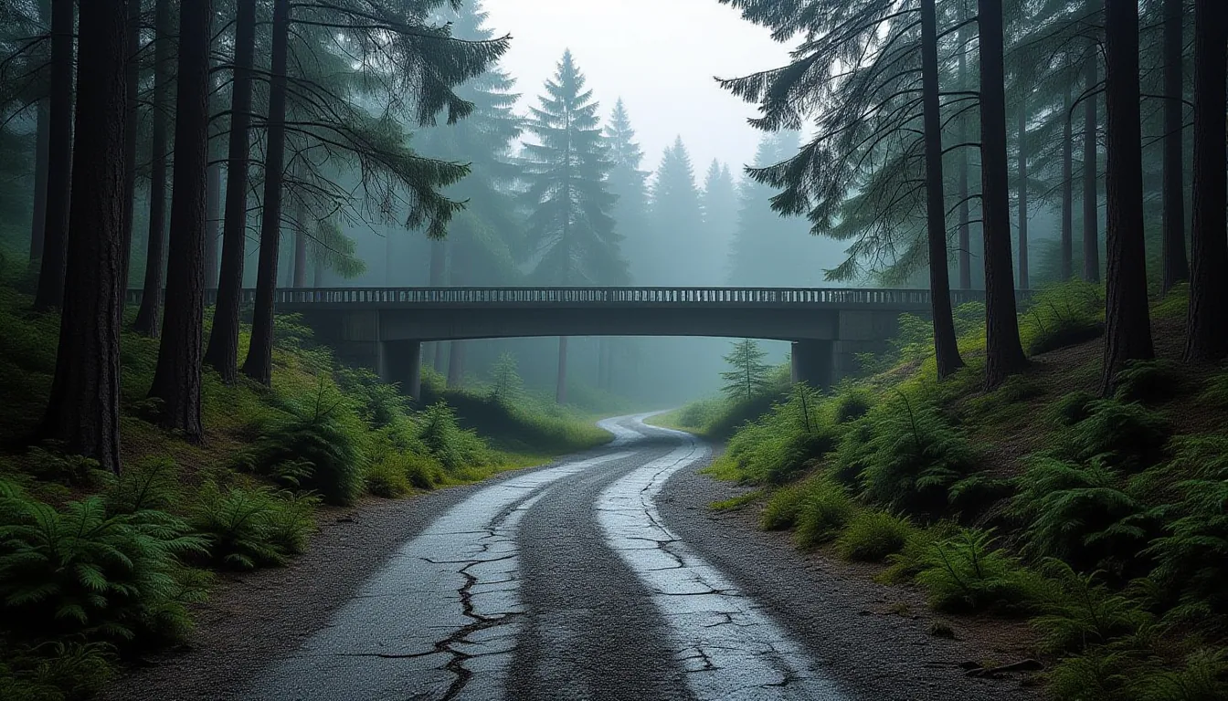 A gravel path winds through damp pine forest toward an overcast sky, its surface cracked and uneven