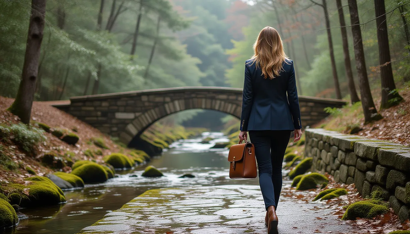 Overcast diffused light falls on a narrow stone bridge spanning a mossy creek in Greenville’s Foothi