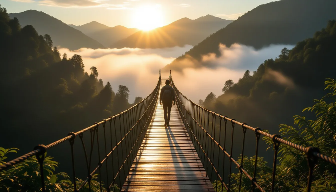 Golden hour light catches a lone hiker stepping onto a narrow suspension bridge spanning a deep mist
