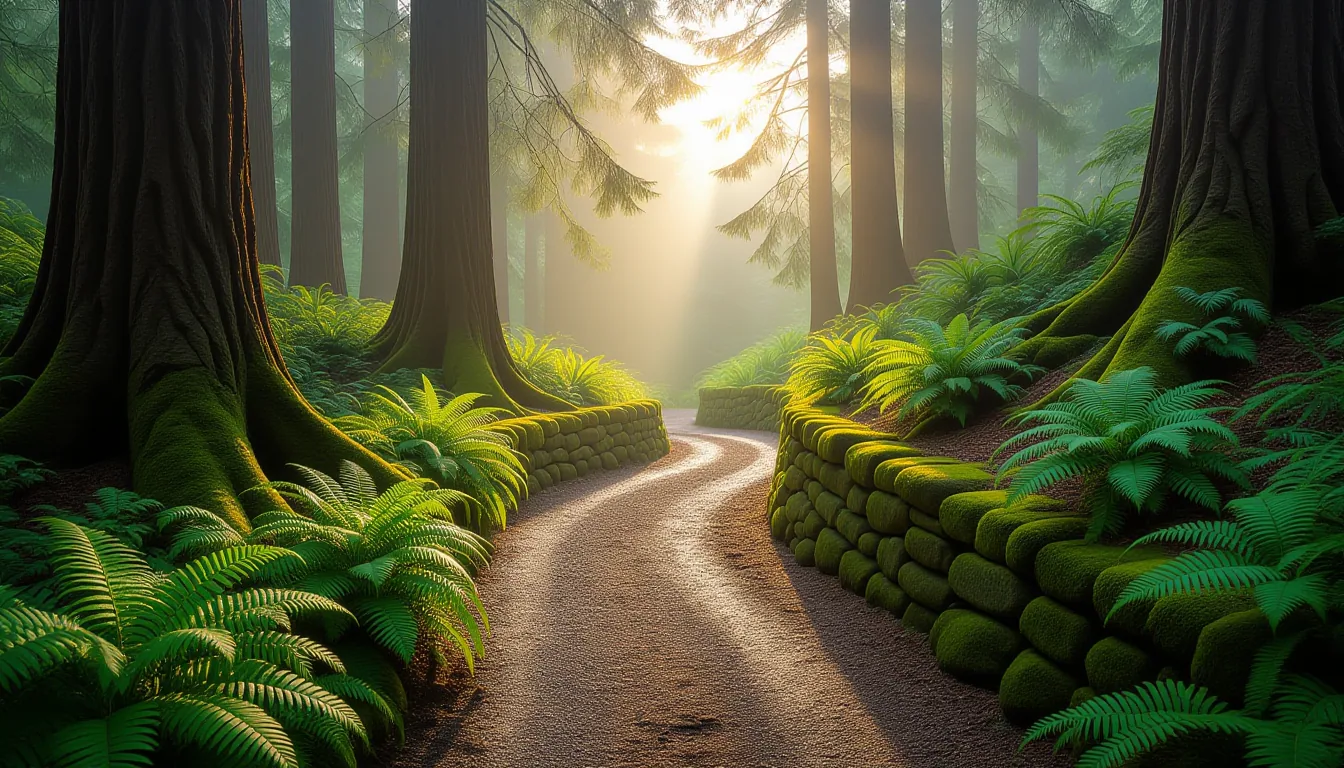 Golden hour light cuts through a misted pine forest, illuminating a narrow gravel trail curving arou