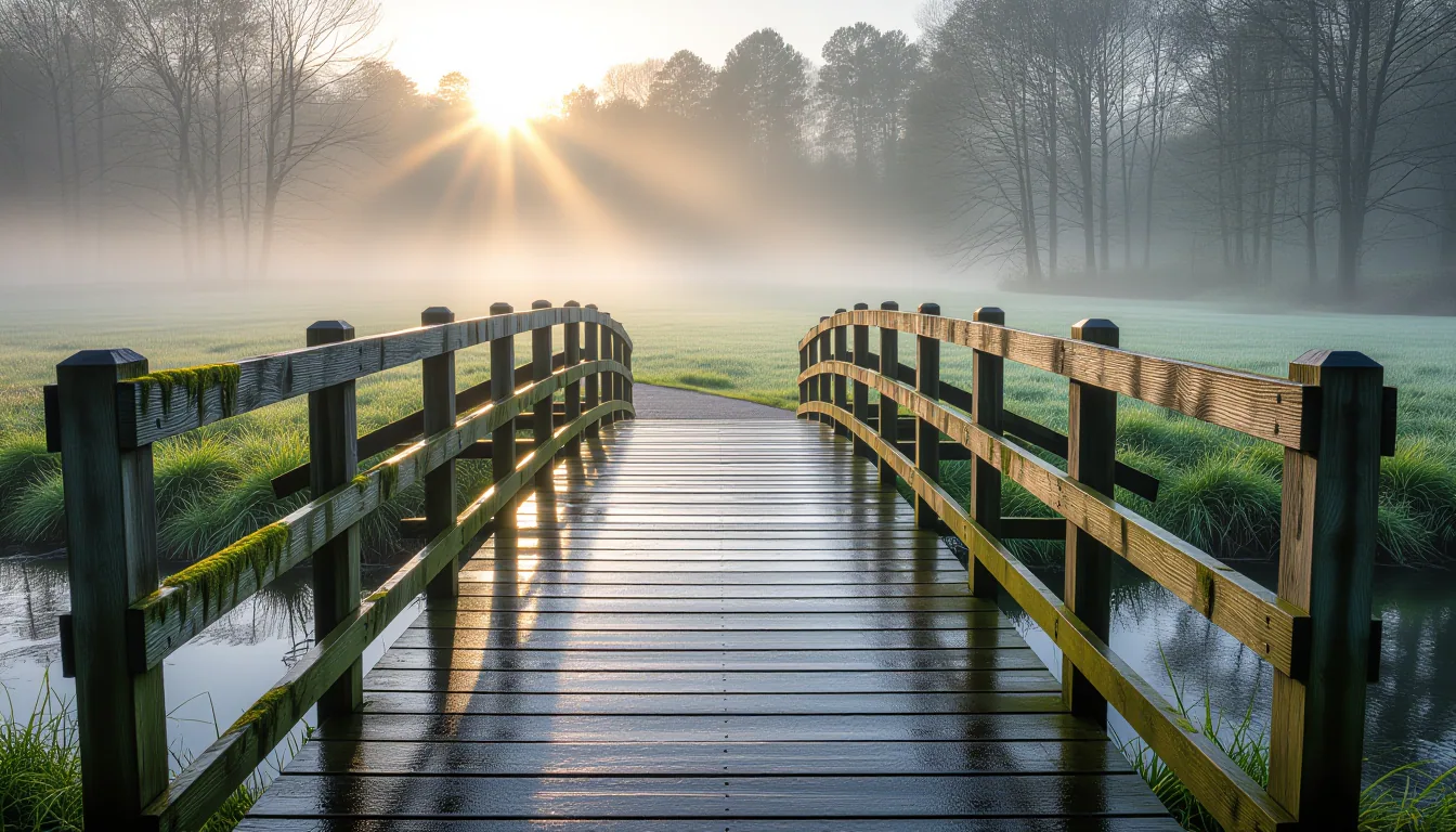 A weathered wooden footbridge spans a misty creek in the Blue Ridge foothills at dawn; morning fog d