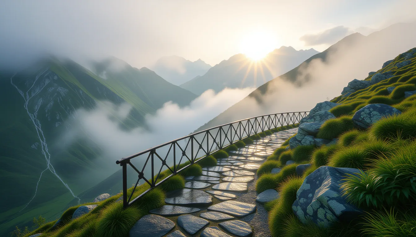 A narrow granite trail winds up a mist-shrouded alpine pass at golden hour, where an iron bridge spa