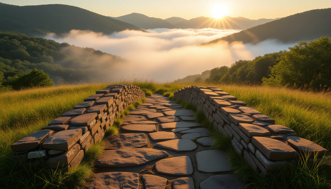 Golden hour light spills over the edge of a crumbling stone footbridge in the Blue Ridge Mountains