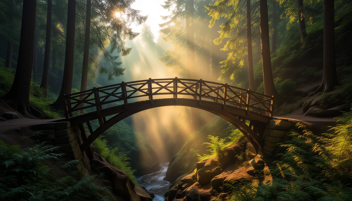 Golden hour light catching dust in the air as a weathered wooden bridge arches over a deep forest ra