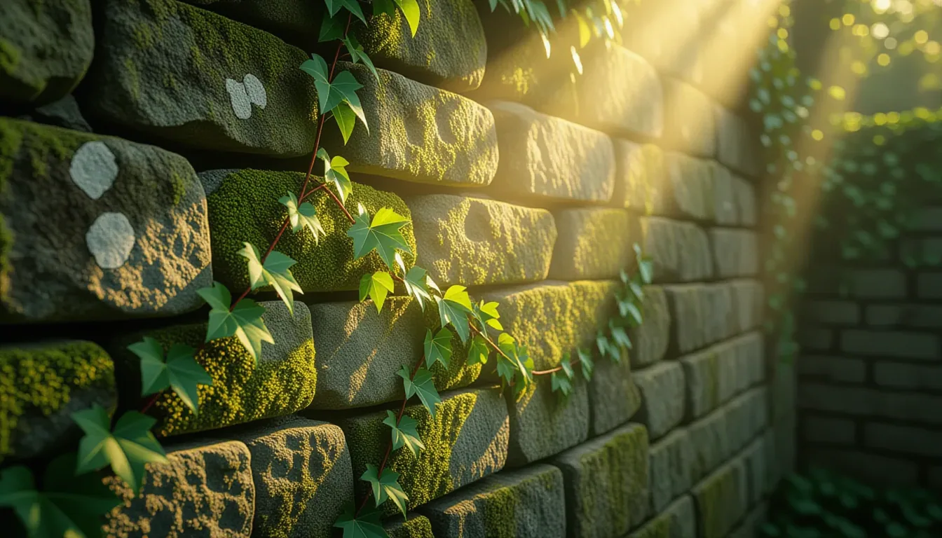 Golden-hour shafts pierce a moss-choked stone wall where ivy’s tendrils have split the masonry like