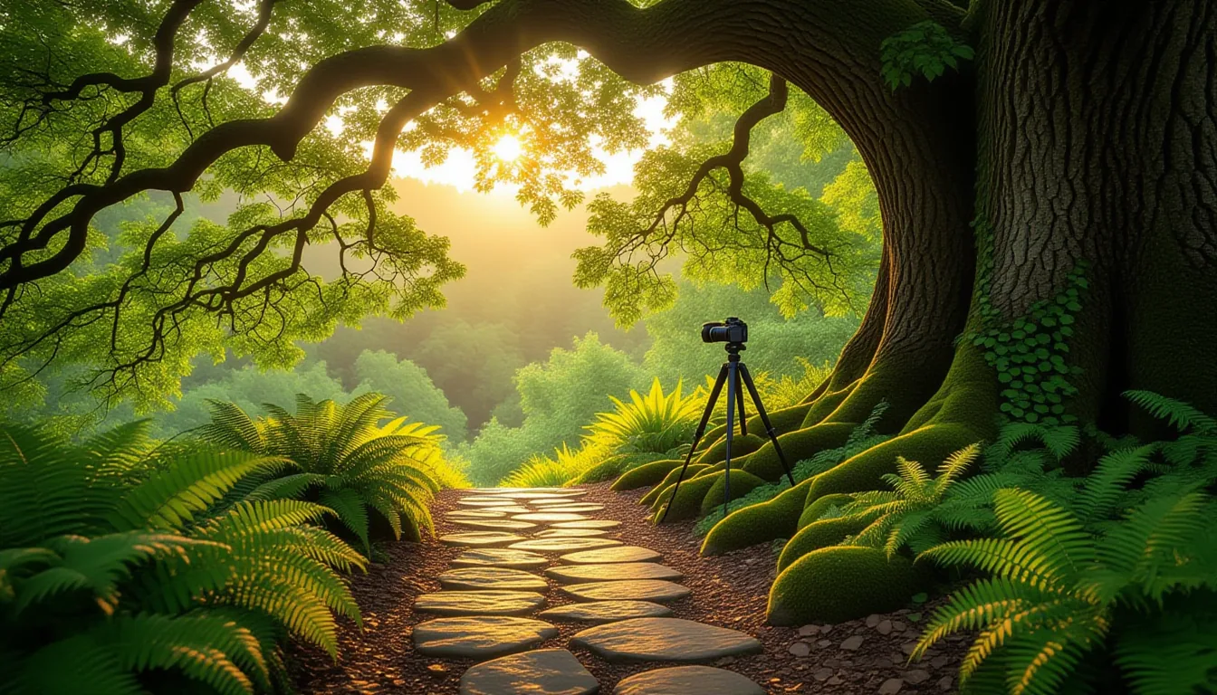 Mossy stone paths split beneath an ancient oak canopy at golden hour, dappled light filtering throug
