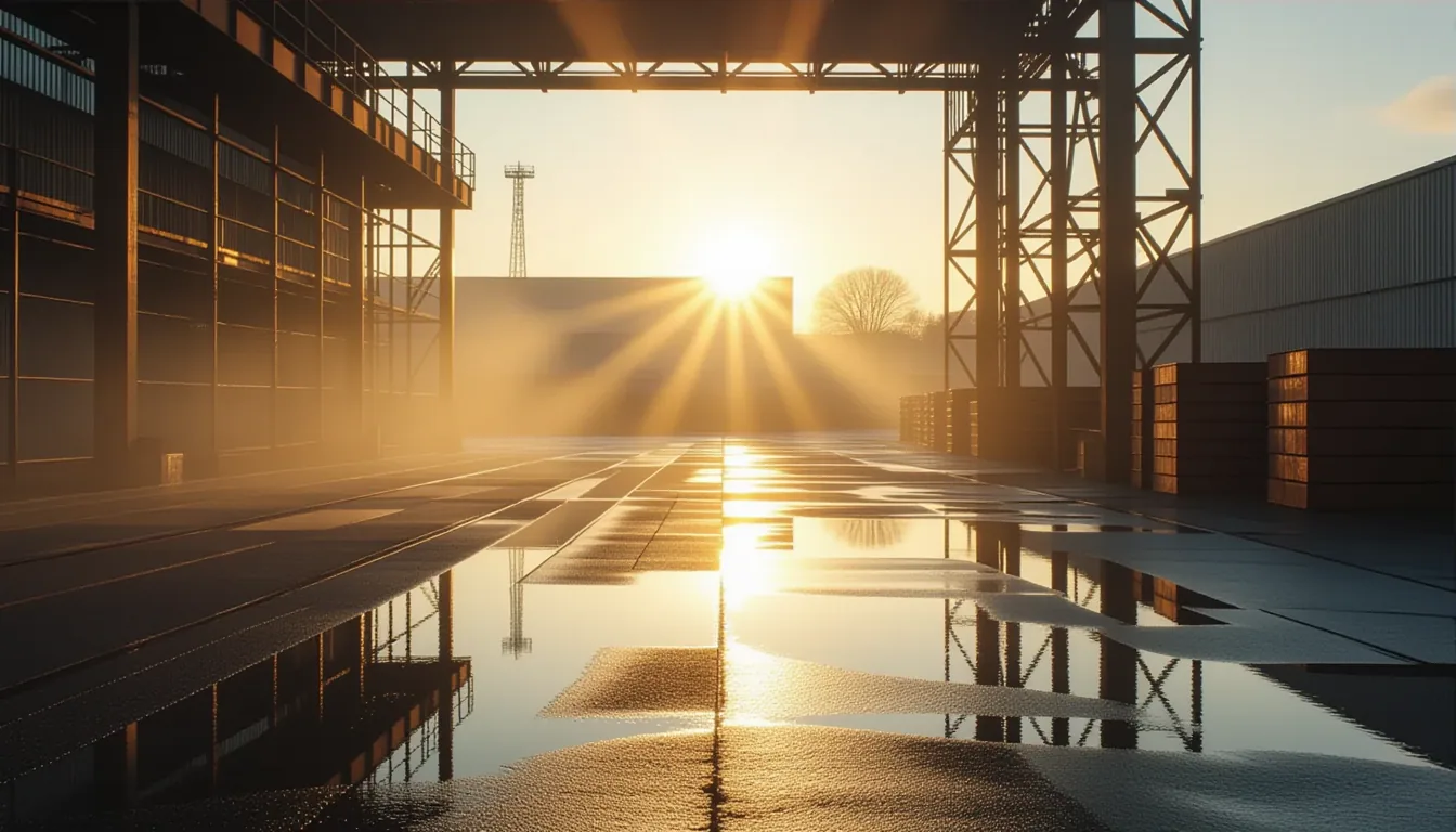 A low sun cuts through morning fog over an industrial yard, casting sharp prismatic beams through we