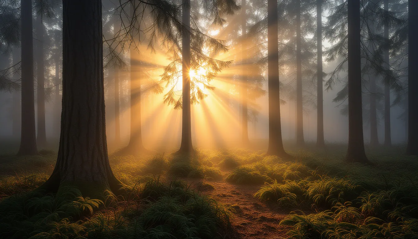 Cold fog clings to the forest floor at dawn; a single amber beam of sun pierces through pine boughs
