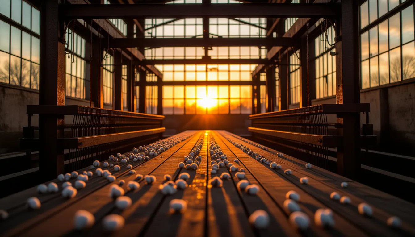 Sunset light flares through an abandoned textile mill’s rusted steel loom frame; slow shutter captur