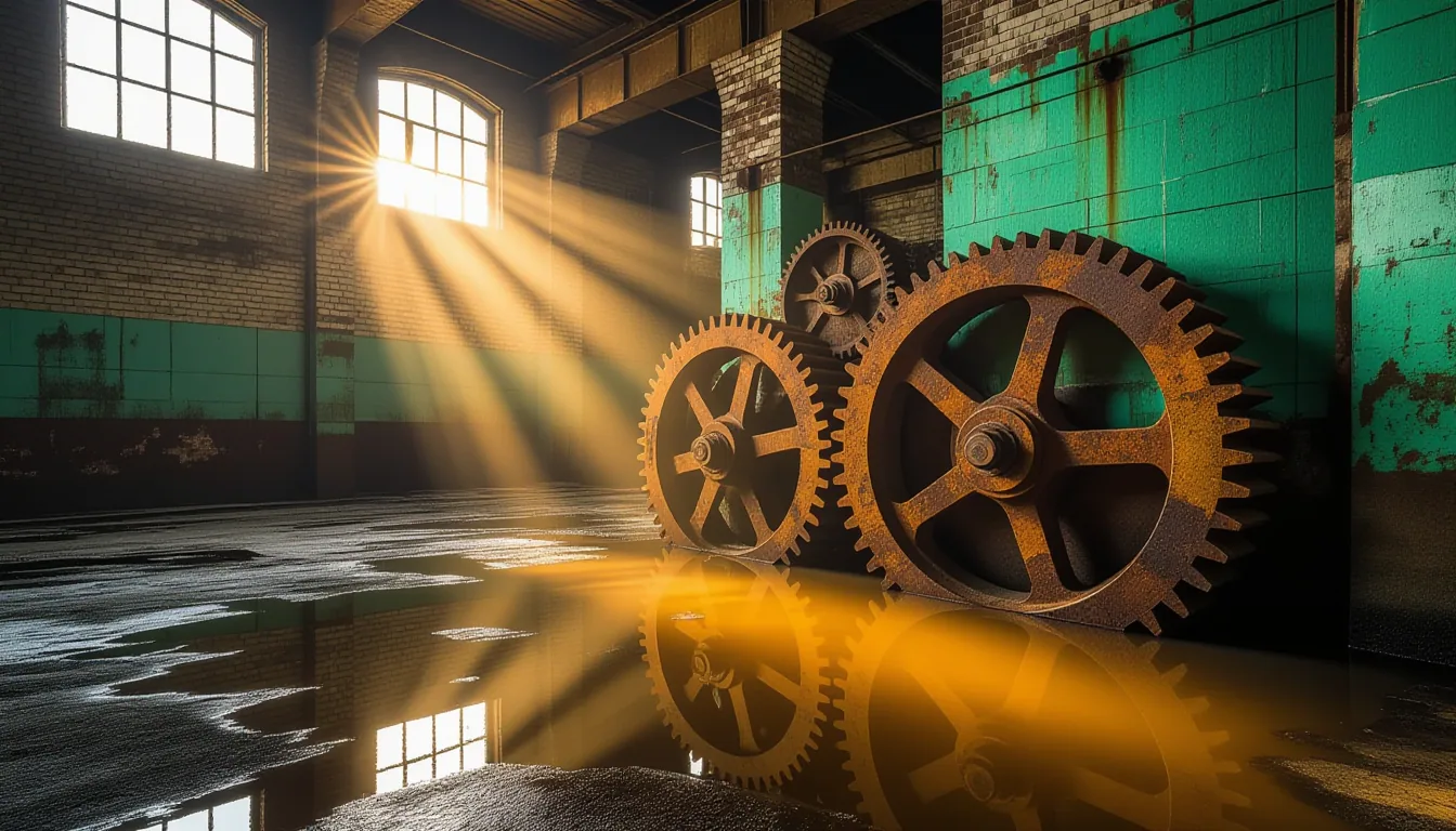 Golden hour light slicing through dust in an abandoned textile mill, highlighting rusted cast-iron g