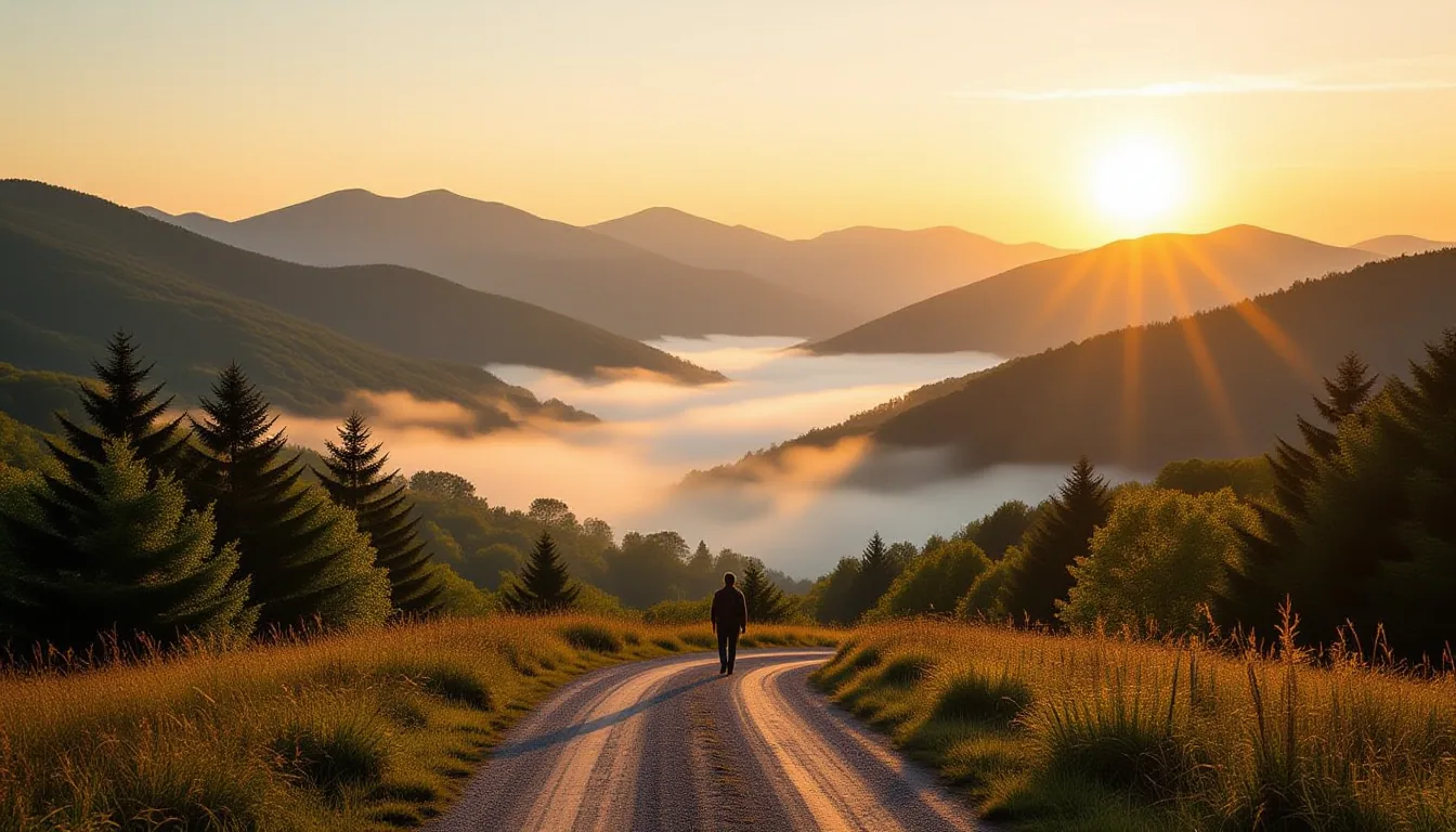 A long-exposure shot of the Blue Ridge Mountains at golden hour, the valley floor shrouded in low mi
