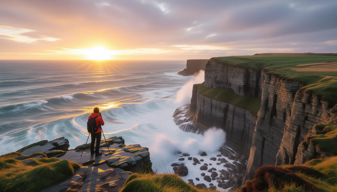 A photographer stands on a windswept coastal ridge overlooking a jagged cliff face plunging into chu