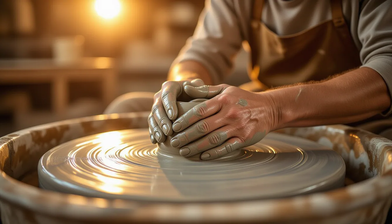 Golden hour light catches sweat on a potter’s knuckles, fingers deeply embedded in wet grey clay on