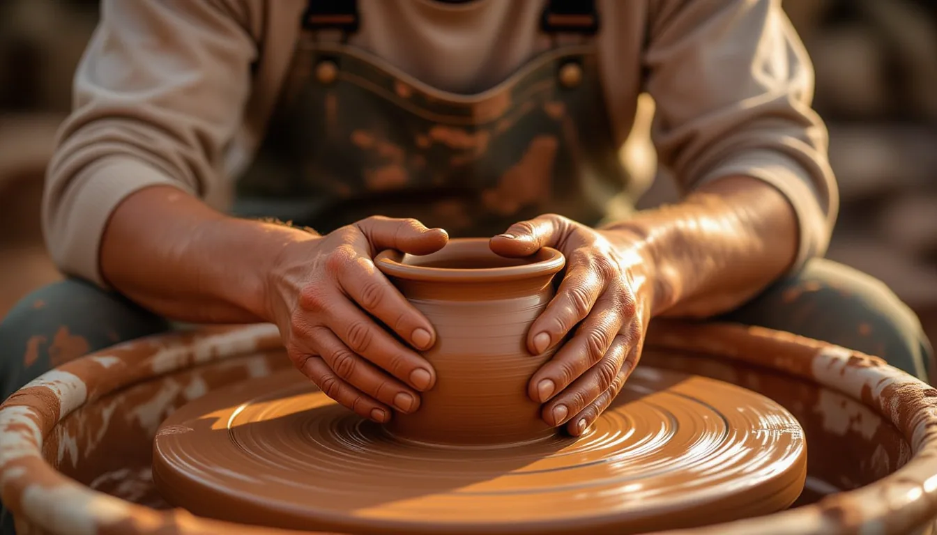 Golden hour light washes over calloused hands kneading wet river clay on a pottery wheel, fingers pr