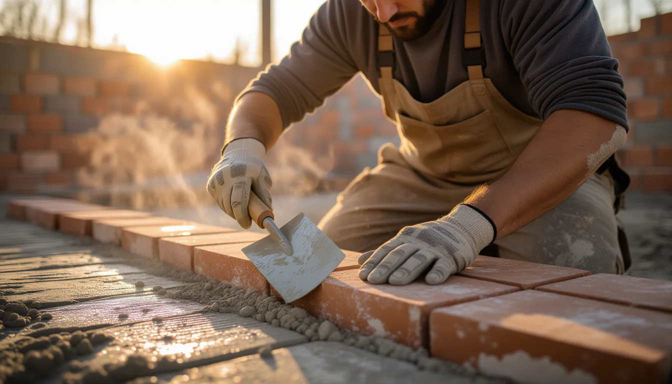 Dawn light spills across a mason’s scarred forearms as they guide a heavy trowel through wet mortar
