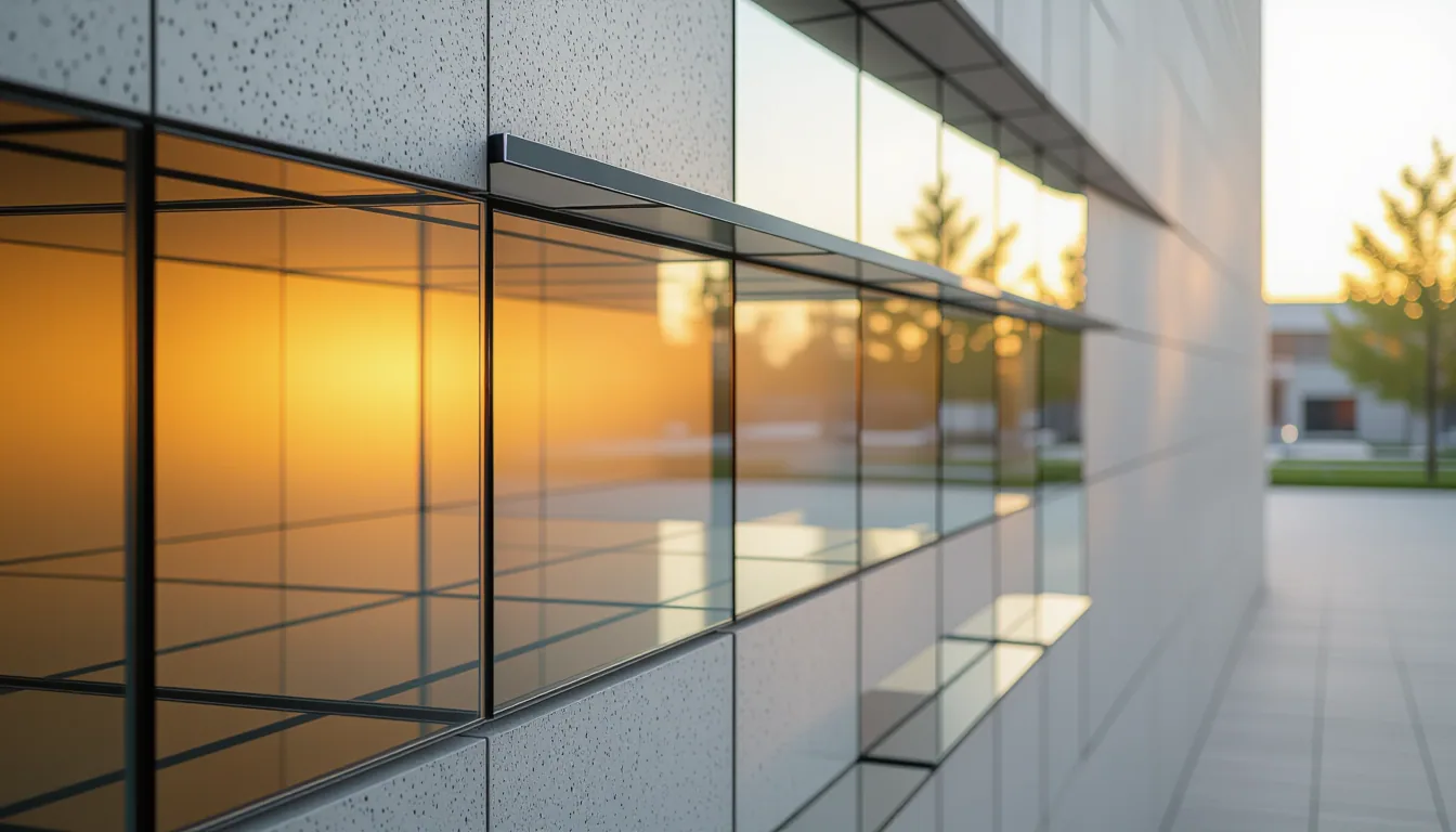 Overcast diffused light on stacked glass panels reflecting a concrete wall, shallow depth of field b