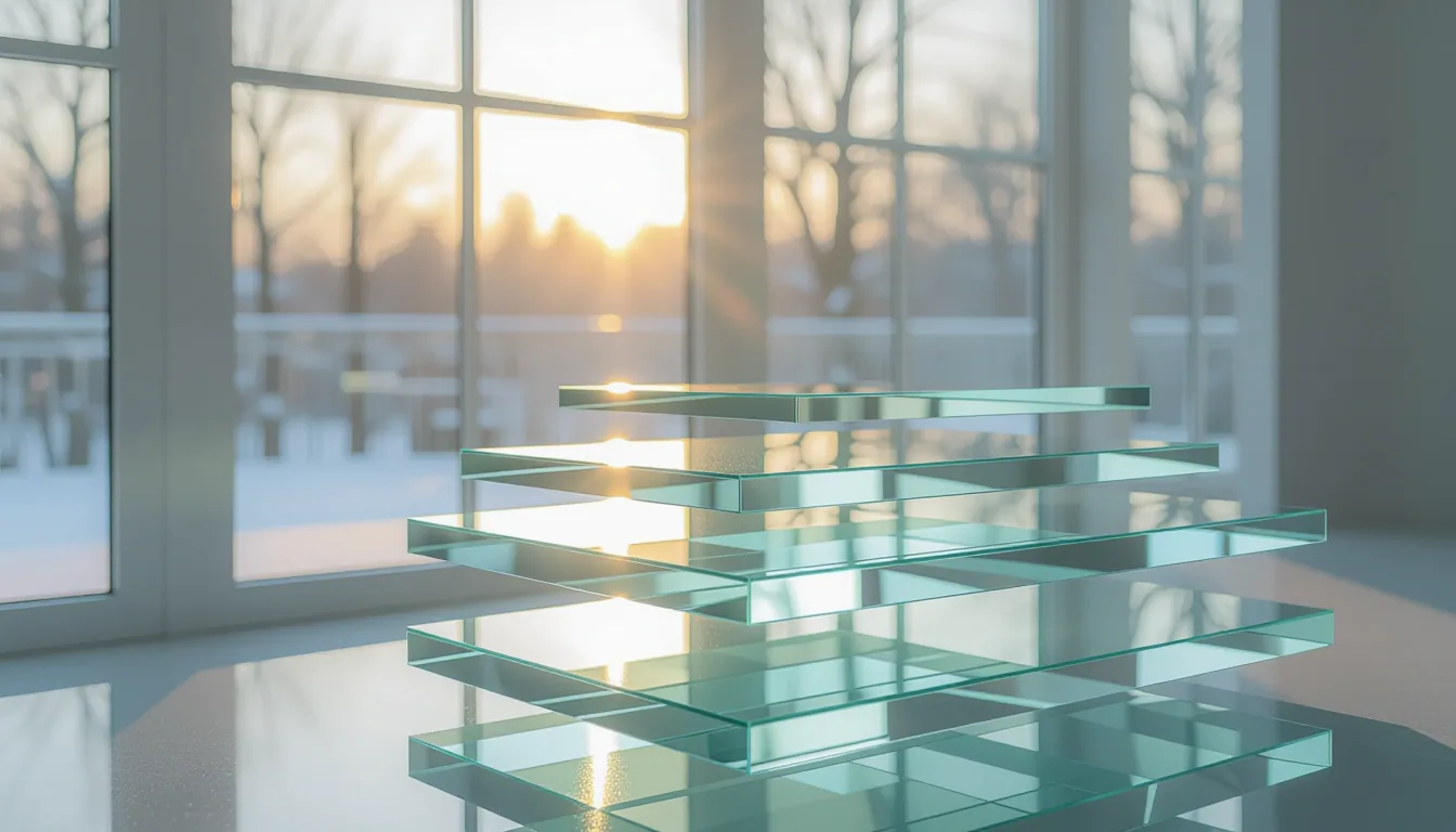 Floating translucent glass platforms stacked in cascading layers, catching pale winter afternoon lig