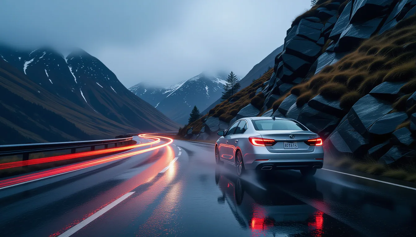Wet asphalt reflects bruised sky through a narrow mountain pass, a silver sedan’s crumpled hood stea