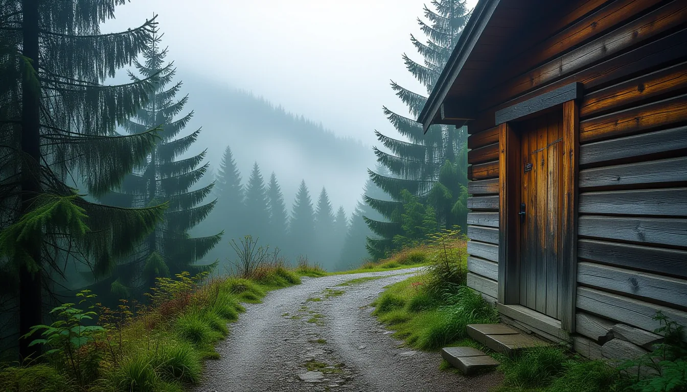 A narrow, uneven footpath cuts through misty mountain pines, leading toward a weathered wooden door