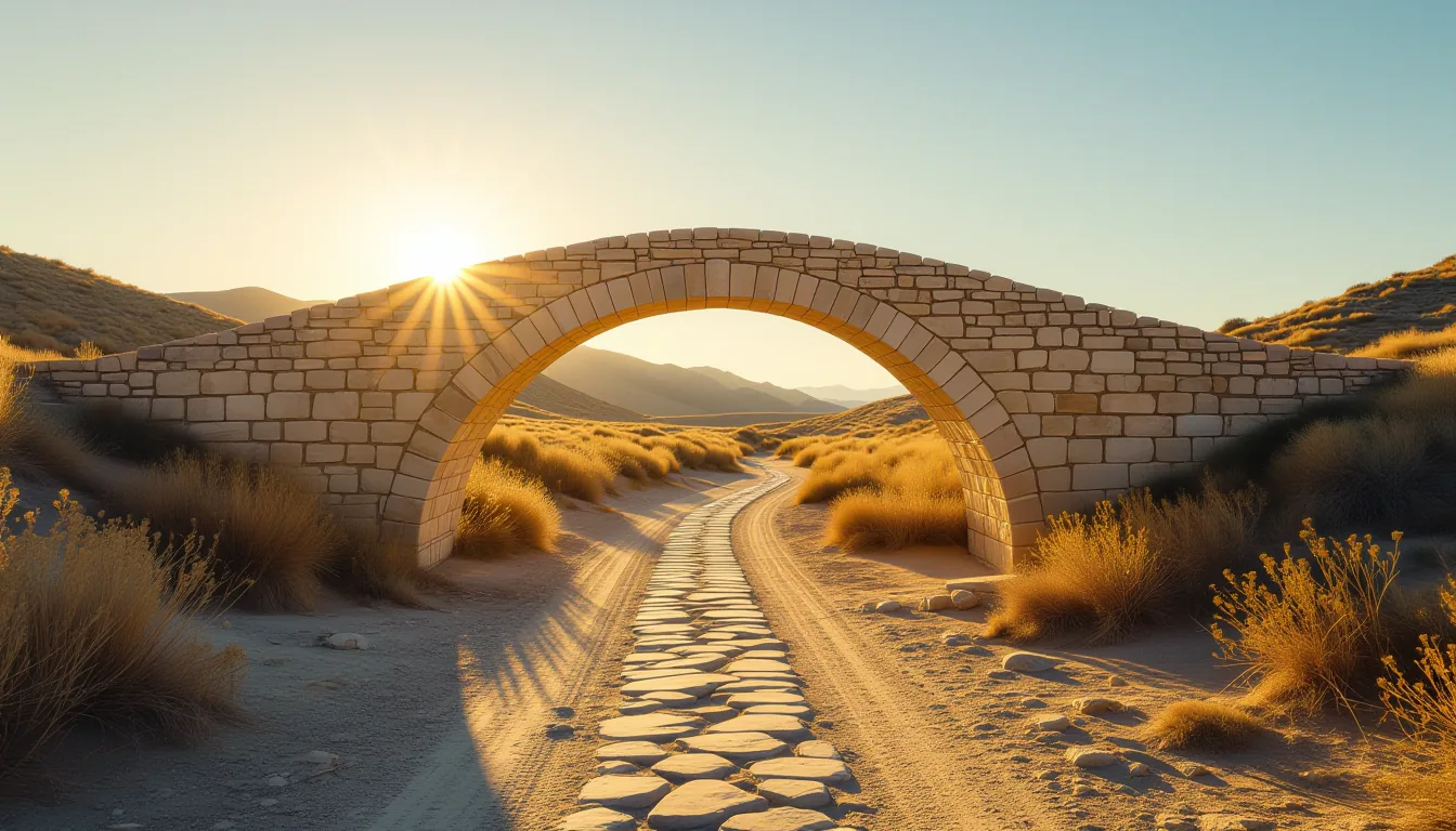 A sun-bleached stone bridge spanning a dry riverbed, its single arch framing empty space where cover