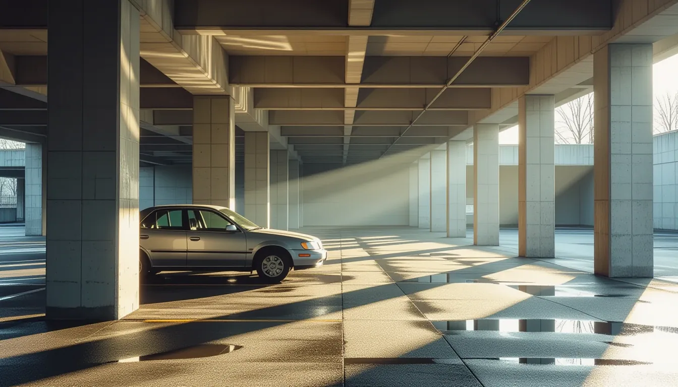 Sunlight pierces a concrete parking garage’s repeating columns, casting sharp geometric shadows acro