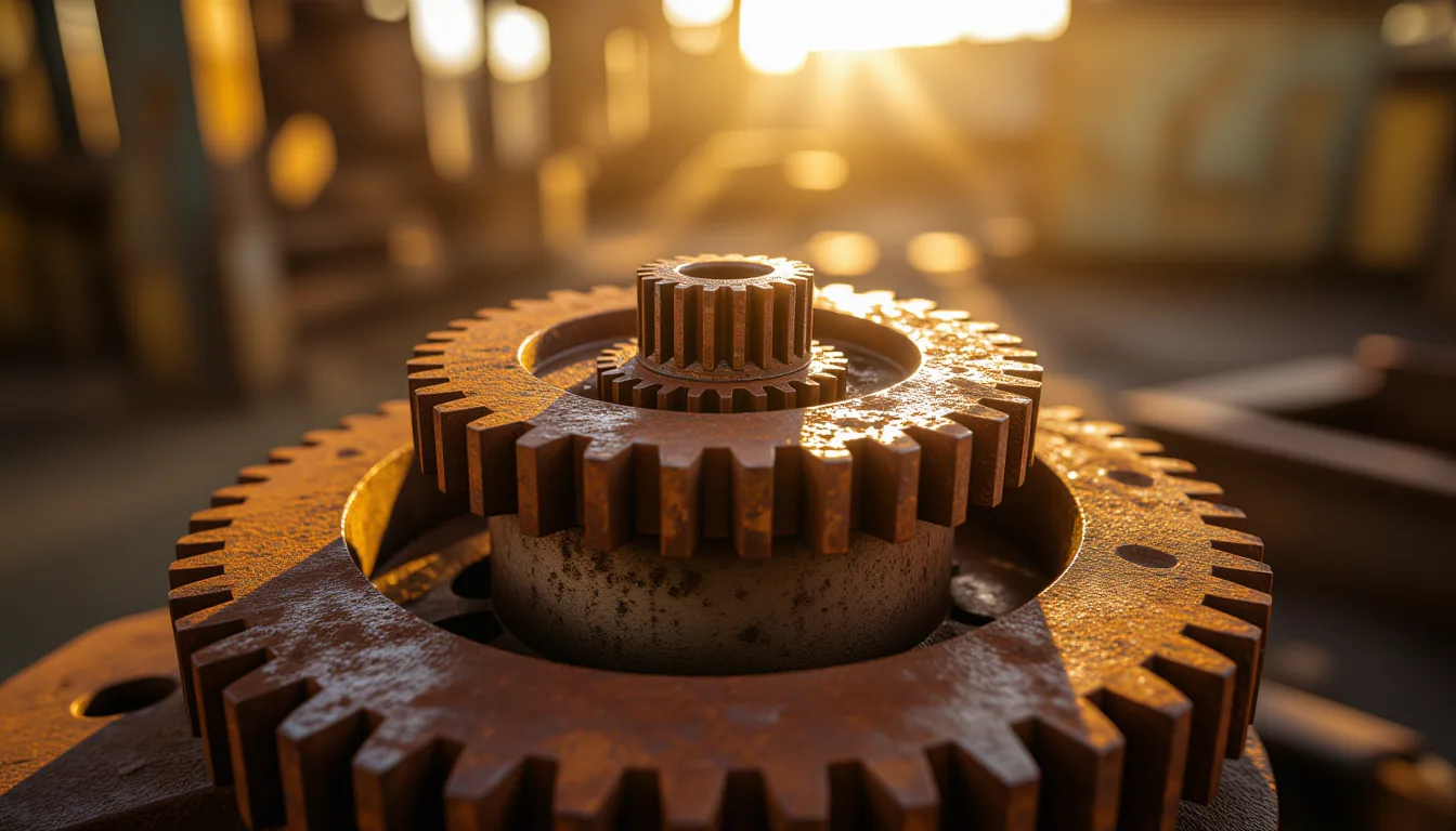 Shallow depth of field captures rusted industrial gears locked tight under harsh noon sunlight, thei